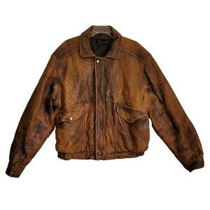 Vintage Cougar Int Mens Leather Jacket XXL Brown Bomber Harrington Destressed